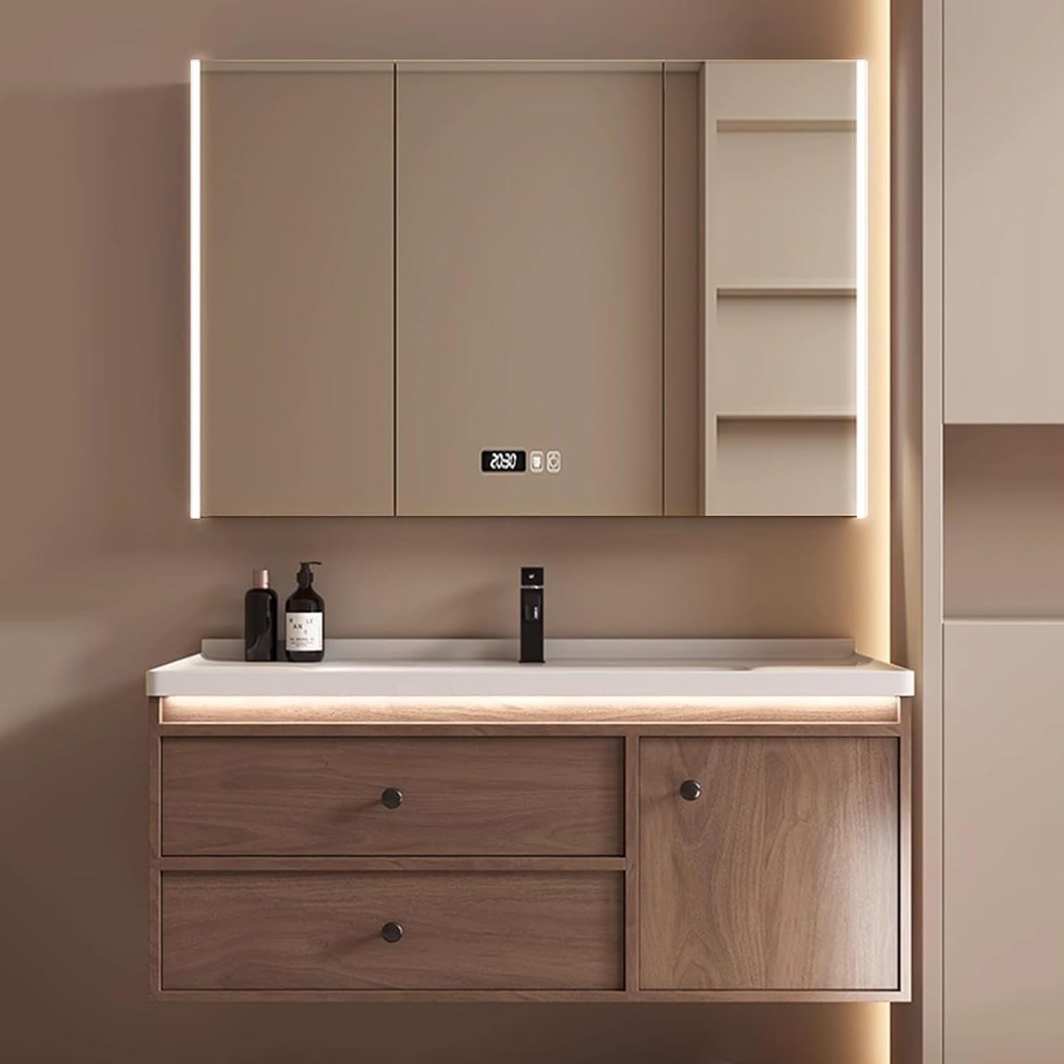 80 cm Badezimmermöbel-Set mit Waschbecken, Wandschrank und LED-Spiegel