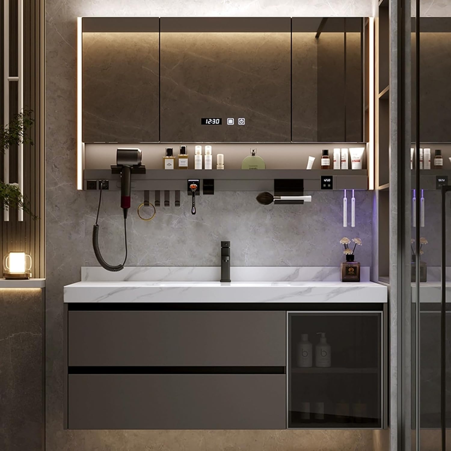 Ausführliche Produktbewertung: Wandmontiertes Badezimmermöbel-Set mit Keramikwaschbecken (80 cm, Grau)